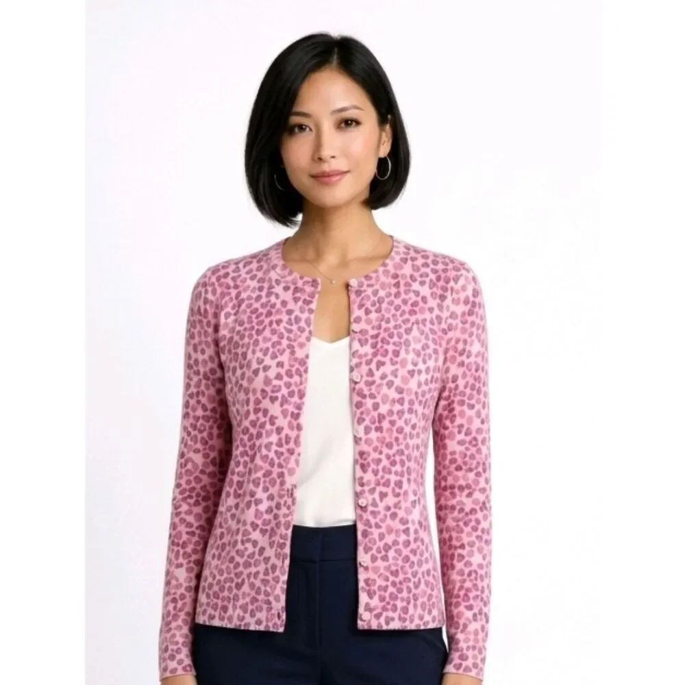 Foxcroft Pink Heart Crew Neck Button Down Cardigan Sweater Size S